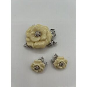 VTG Nolan Miller Silver Tone Rhinestone Cream Flower Brooch And Earring Set